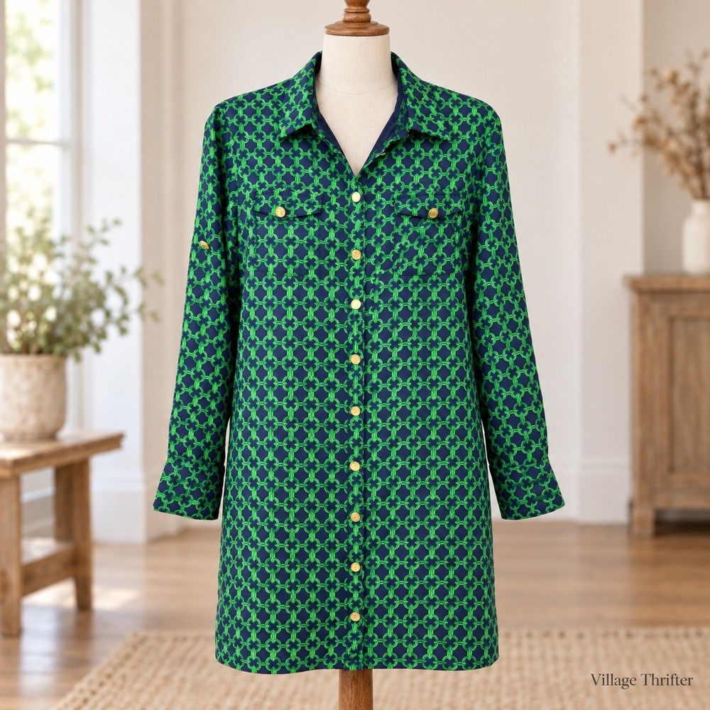 Elizabeth McKay Shirt Dress Womens 10 Green Navy Geometric Silk Retro Mod Preppy